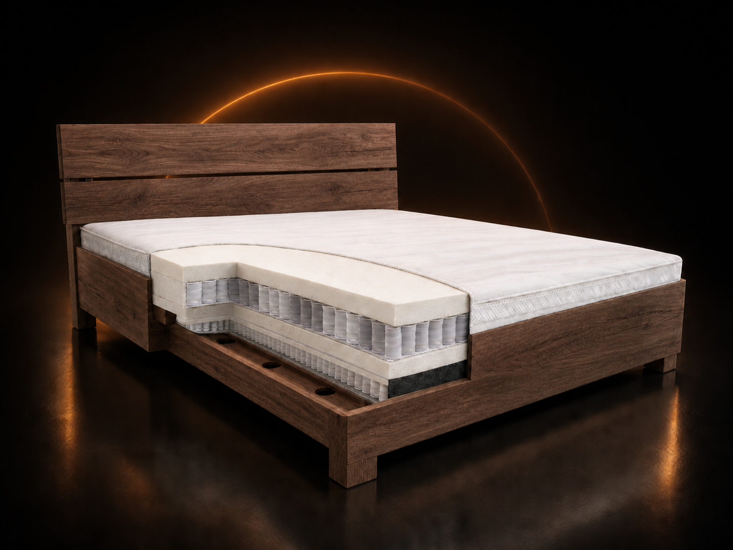 Holzbett in heller Naturholz-Optik mit Stoffkopfteil, KI-Workflow Variante