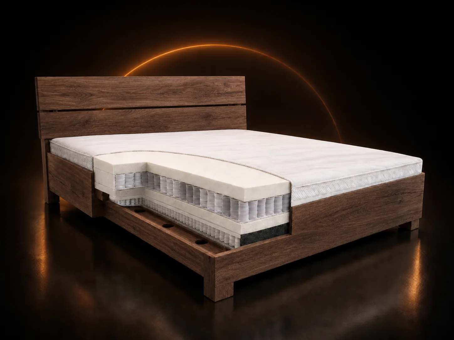 Holzbett in heller Naturholz-Optik mit Stoffkopfteil, KI-Workflow Variante