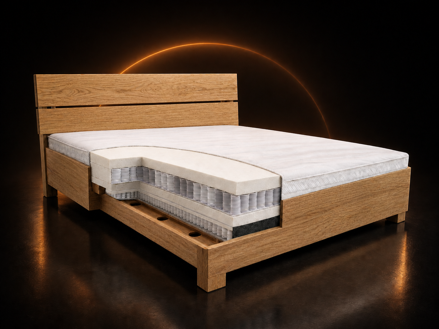 Holzbett in dunklem Holzdekor mit klassischem Design, KI-generierte Visualisierung