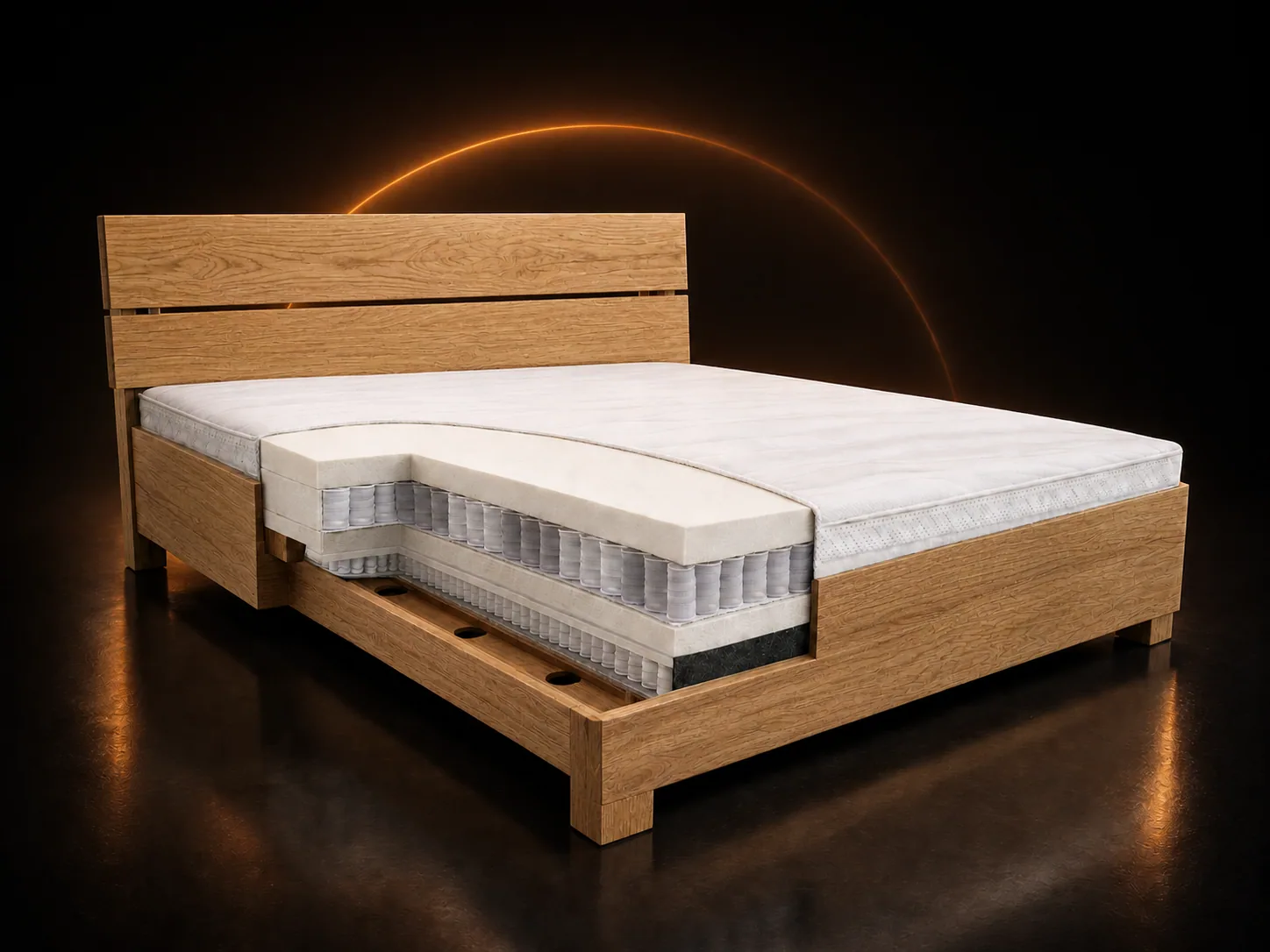 Holzbett in dunklem Holzdekor mit klassischem Design, KI-generierte Visualisierung