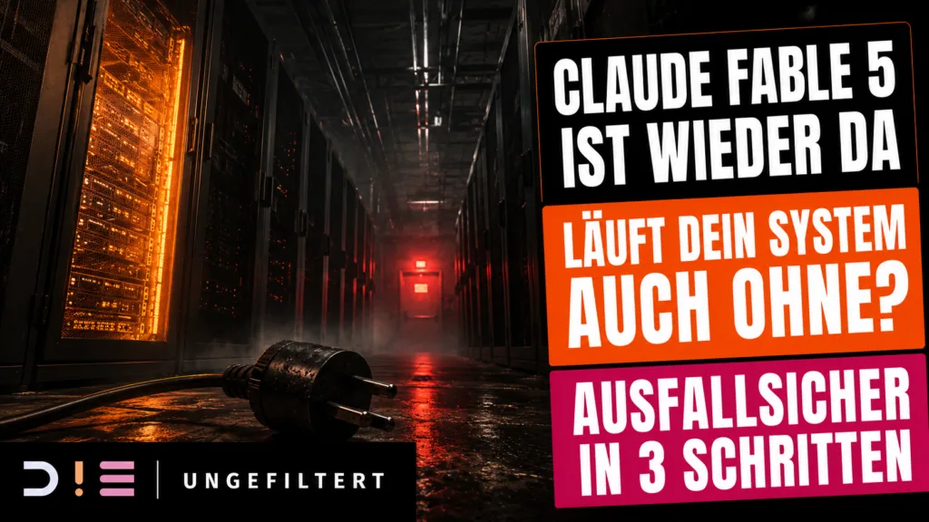 Claude Fable 5 ist wieder da – läuft dein System auch ohne? Blog-Thumbnail von D!E Ungefiltert mit KI-Systemstatus-Grafik