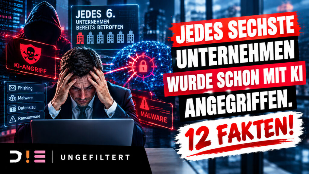 Thumbnail zum D!E Ungefiltert Beitrag über KI-gestützte Cyberangriffe auf Unternehmen. Die Grafik zeigt einen Hacker, einen besorgten Unternehmer am Laptop und digitale Sicherheitswarnungen. Im Mittelpunkt stehen die Aussage „Jedes sechste Unternehmen wurde schon mit KI angegriffen“ und zwölf wichtige Fakten zur Cybersicherheit.