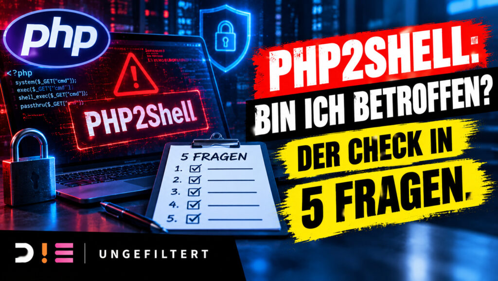 Thumbnail zum D!E Ungefiltert Beitrag über PHP2Shell und mögliche Sicherheitsrisiken für Websites und Server. Die Grafik zeigt einen Laptop mit PHP-Code, ein rotes Warnsymbol, ein Sicherheitsschloss und eine Checkliste mit fünf Fragen zur Überprüfung einer möglichen Betroffenheit.