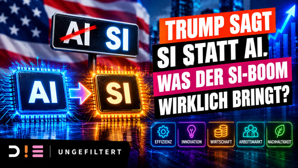 Thumbnail zum D!E Ungefiltert Beitrag über den SI-Boom und die Abgrenzung zu klassischer KI (AI). Die Grafik zeigt den Wechsel von AI zu SI, einen futuristischen SI-Chip und die Frage nach den tatsächlichen Auswirkungen des SI-Booms.
